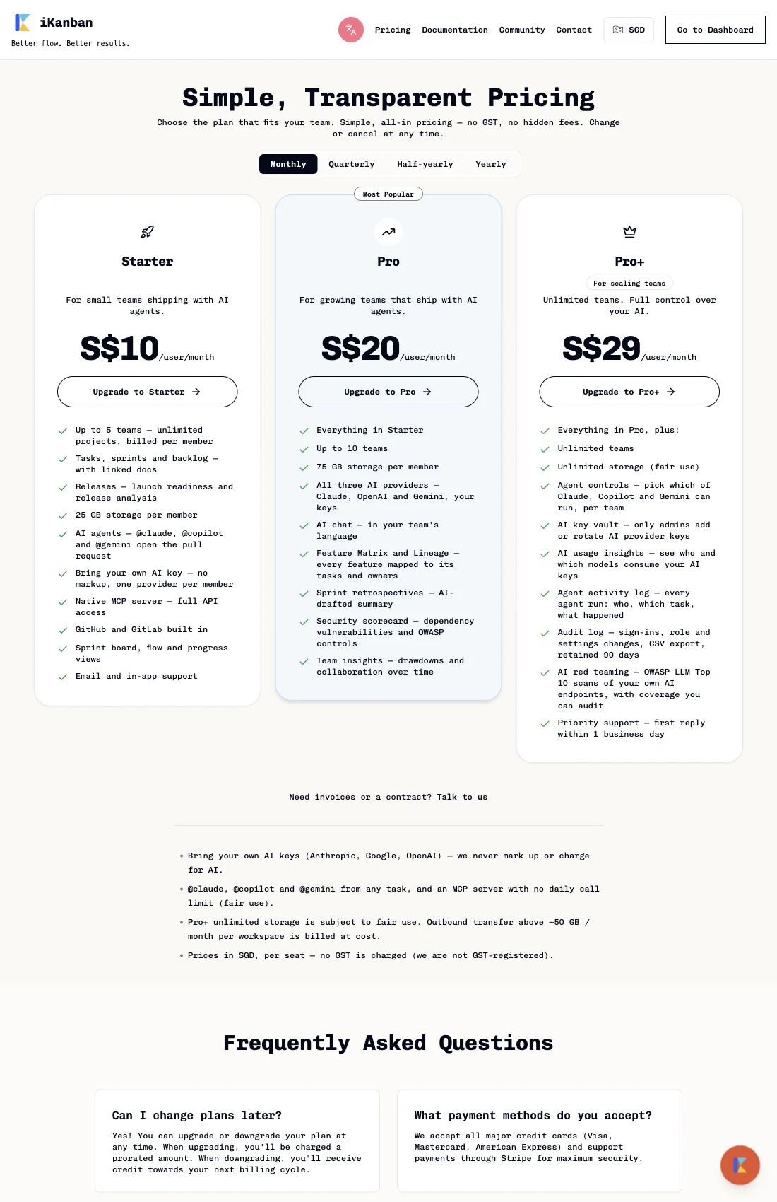Current plan limits on the public pricing page