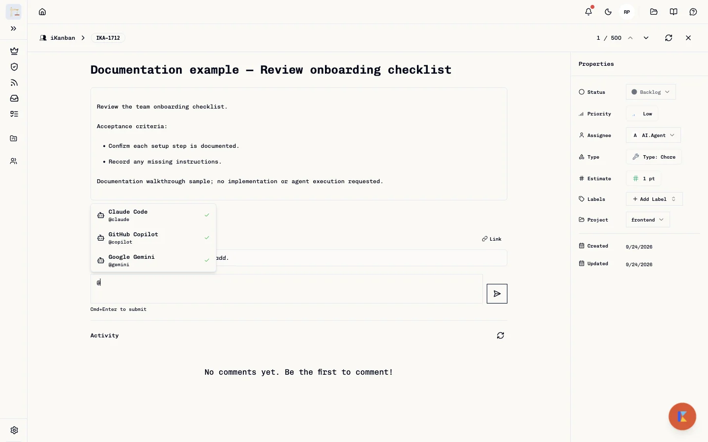 Agent mention suggestions in the task comment input; the draft is unsent