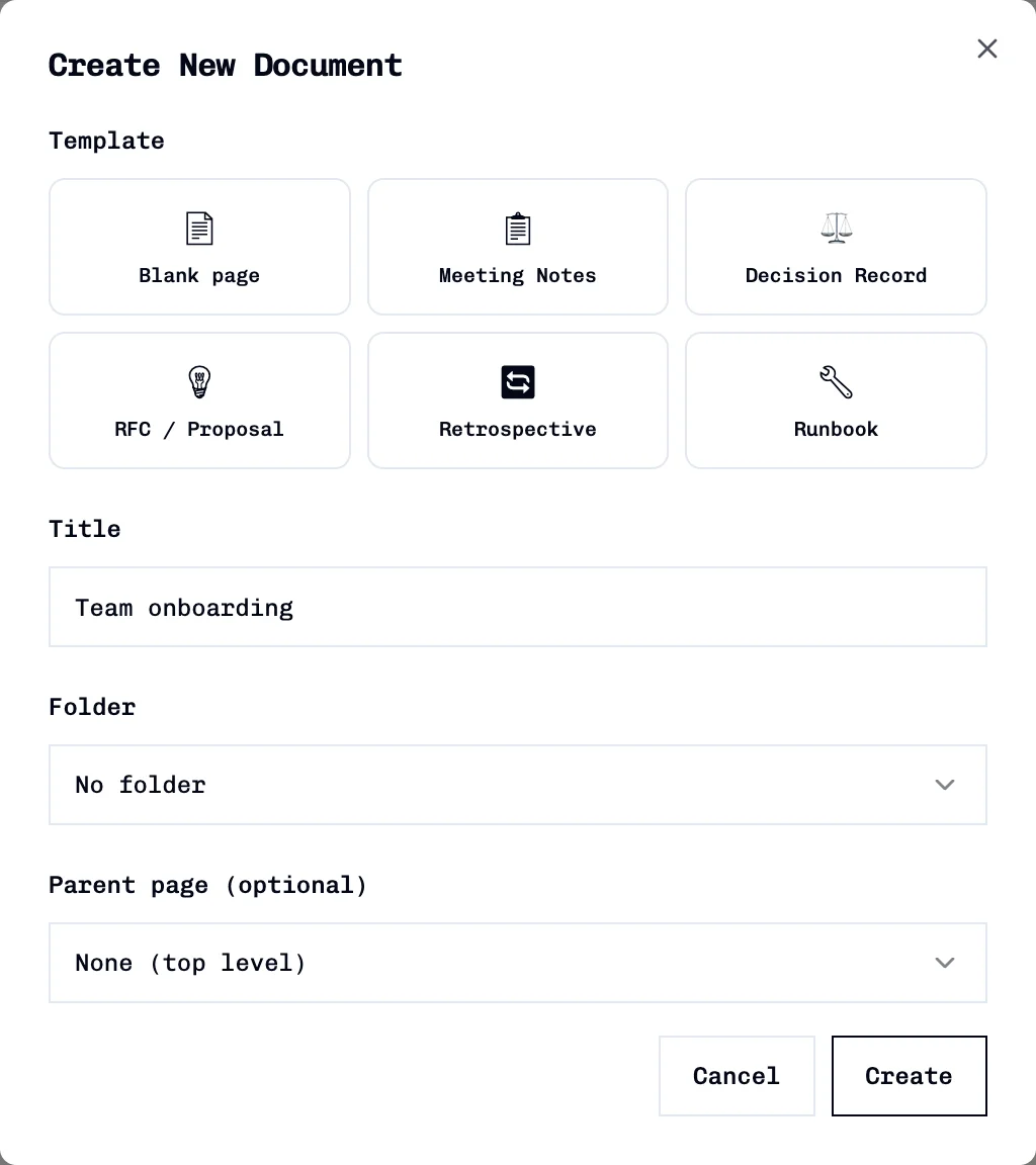 Create New Document dialog with template, title, folder, and parent page controls