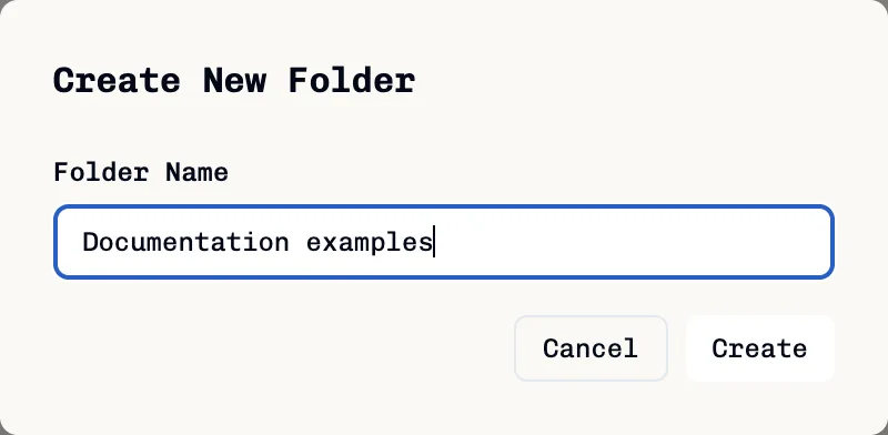 Create New Folder dialog with Folder Name and Create