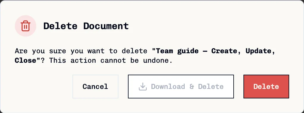 Delete Document confirmation showing Cancel, Download & Delete, and Delete