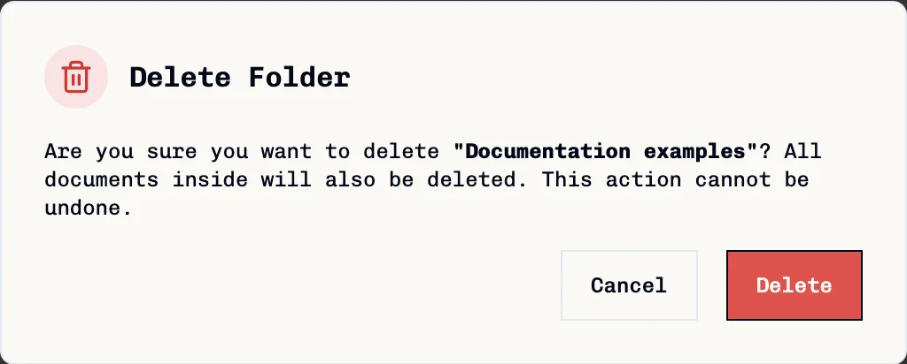Delete Folder confirmation warning that documents inside are also deleted