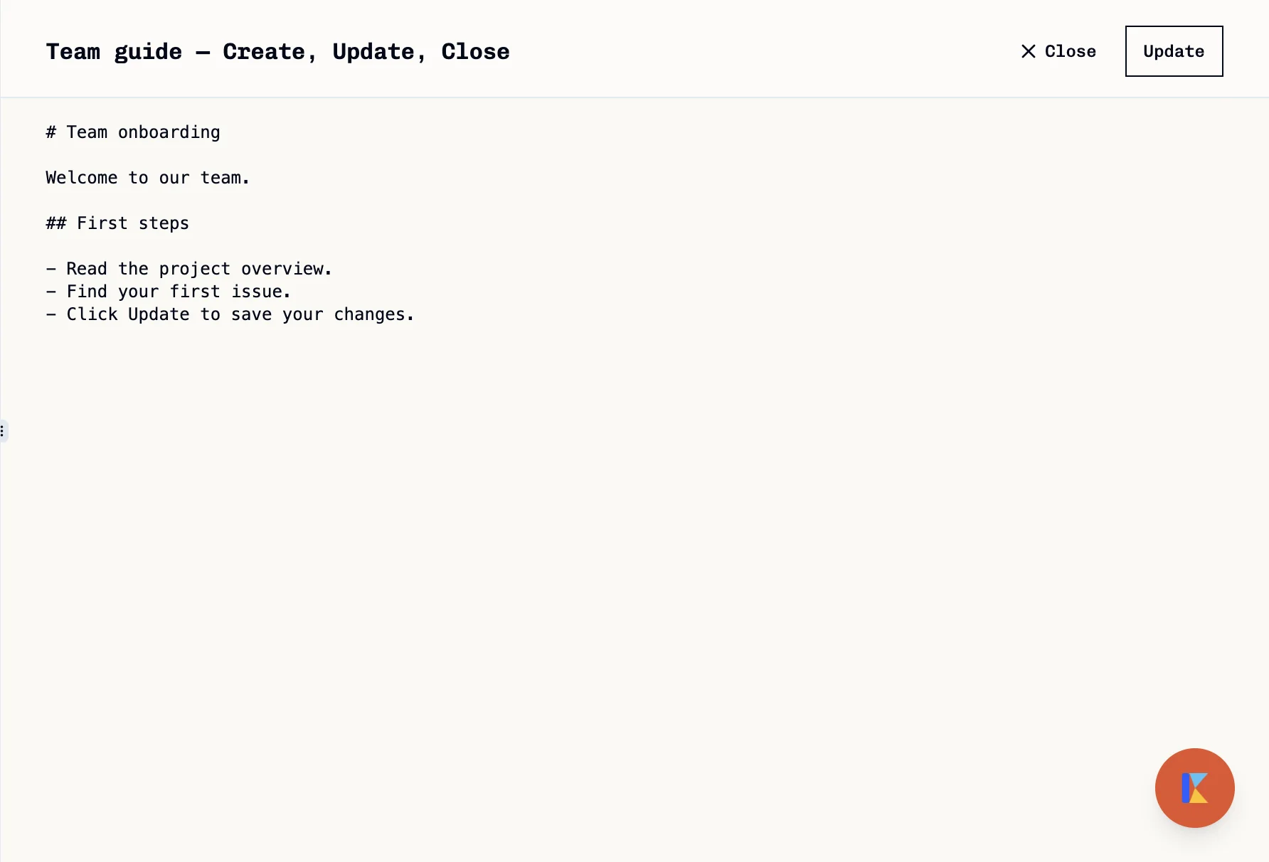 Document editor showing the title, Markdown content, Close, and Update