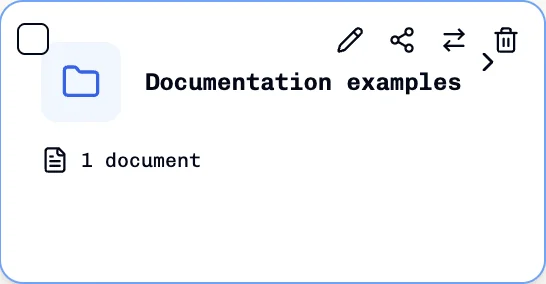 Documentation examples folder card with one document and Rename, Share, Move, and Delete controls
