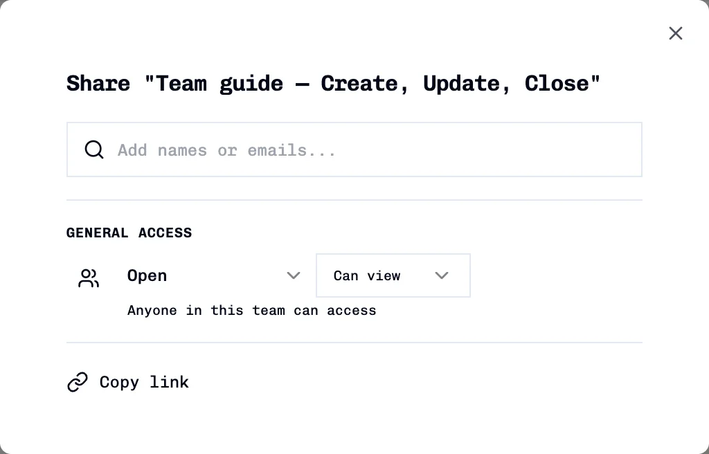 Document sharing dialog with member search, General access, and Copy link