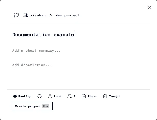 New project form with a documentation example name