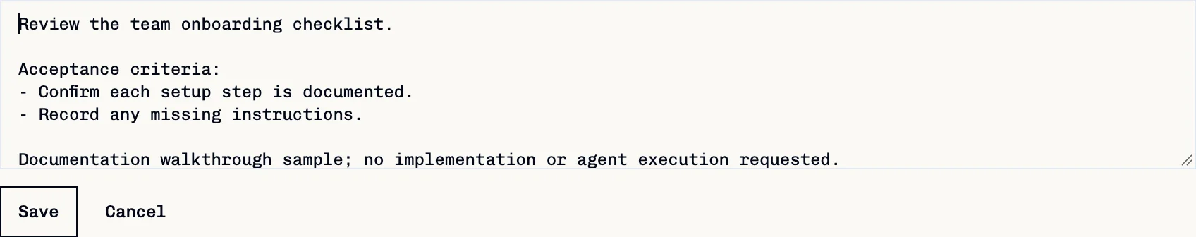 Description editor with explicit Save and Cancel buttons