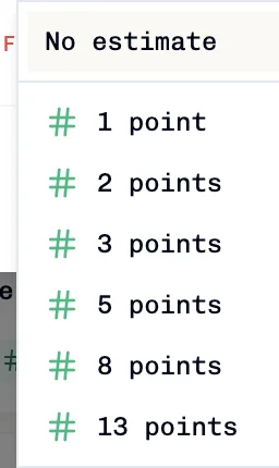 Estimate menu showing No estimate and the available story-point values