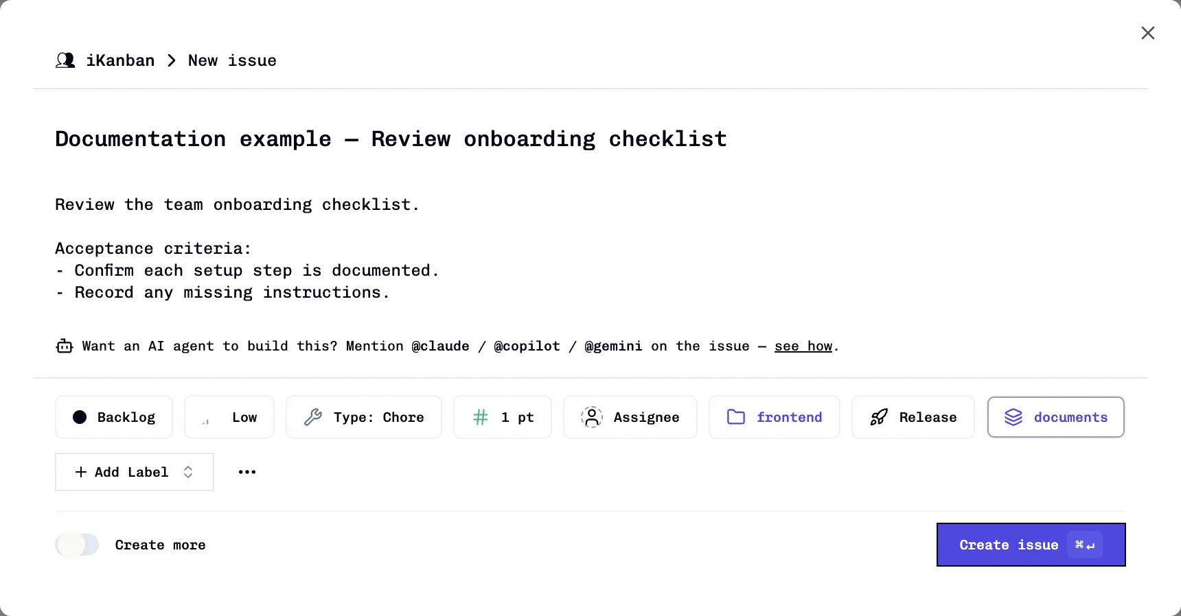 Completed issue form with project frontend, Low priority, Type Chore, 1 pt, and the documents Feature