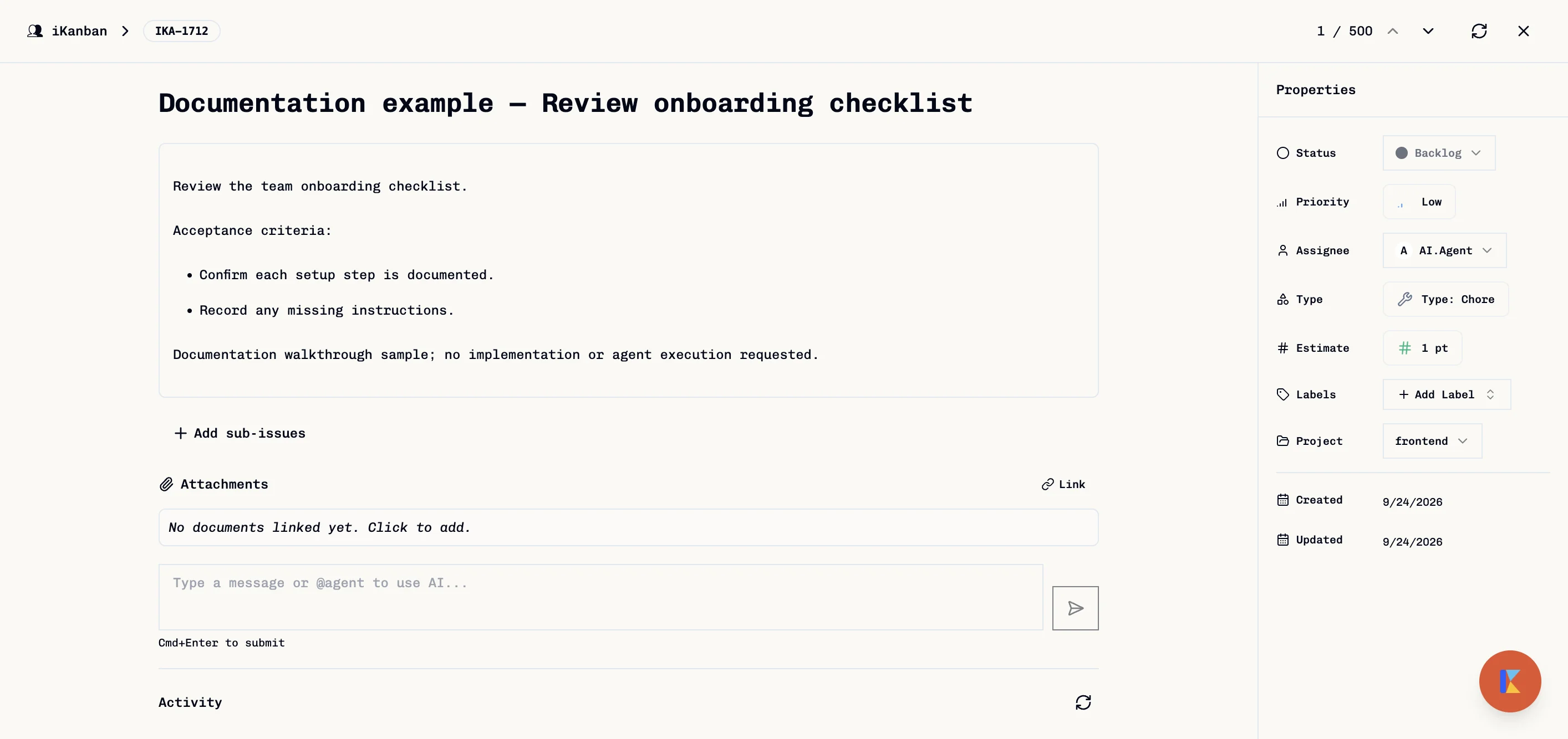 Saved sample issue with description and Properties including Backlog, Low, Chore, and 1 pt