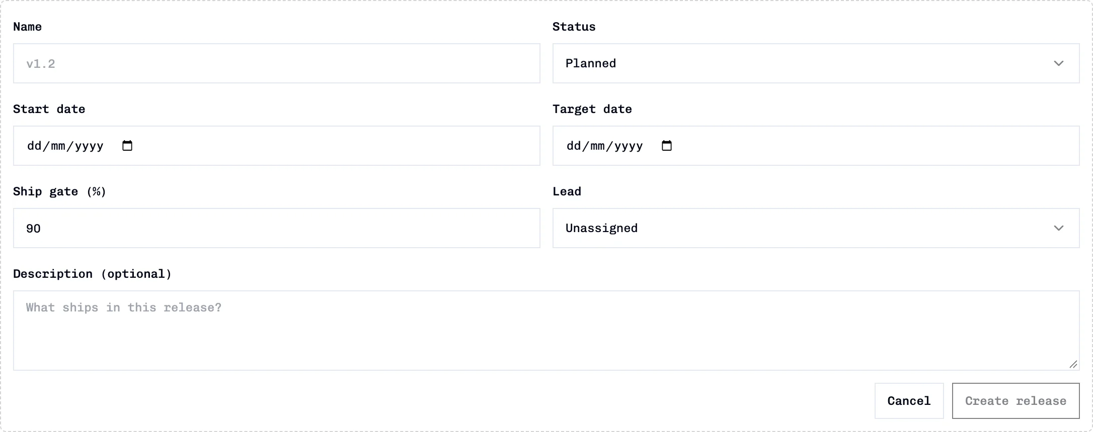 Inline new-release form with empty example values